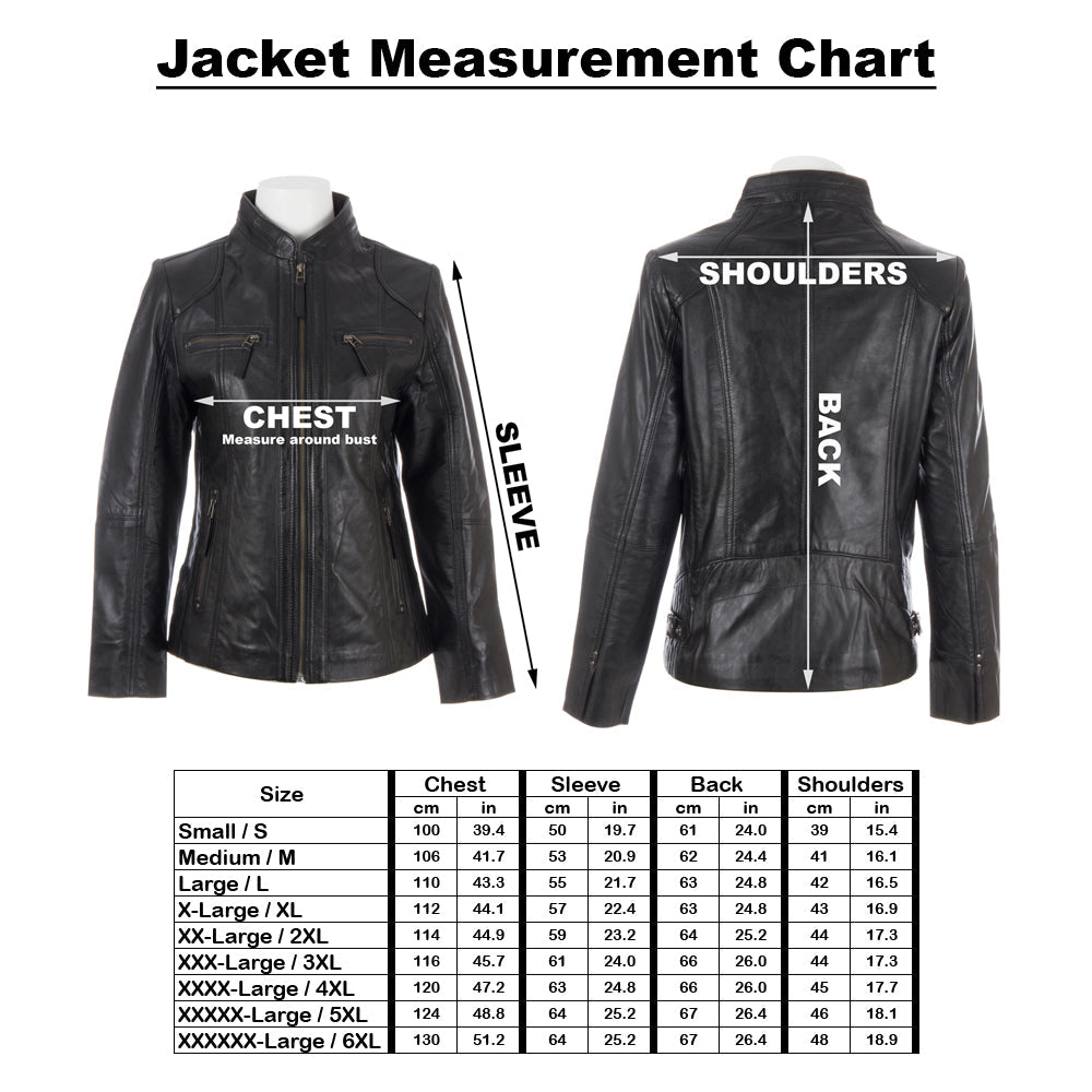 Black leather jacket with measurement chart for sizing on a white background