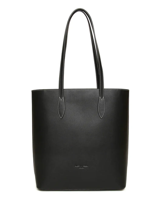 Black tote bag with a visible brand name on a white background