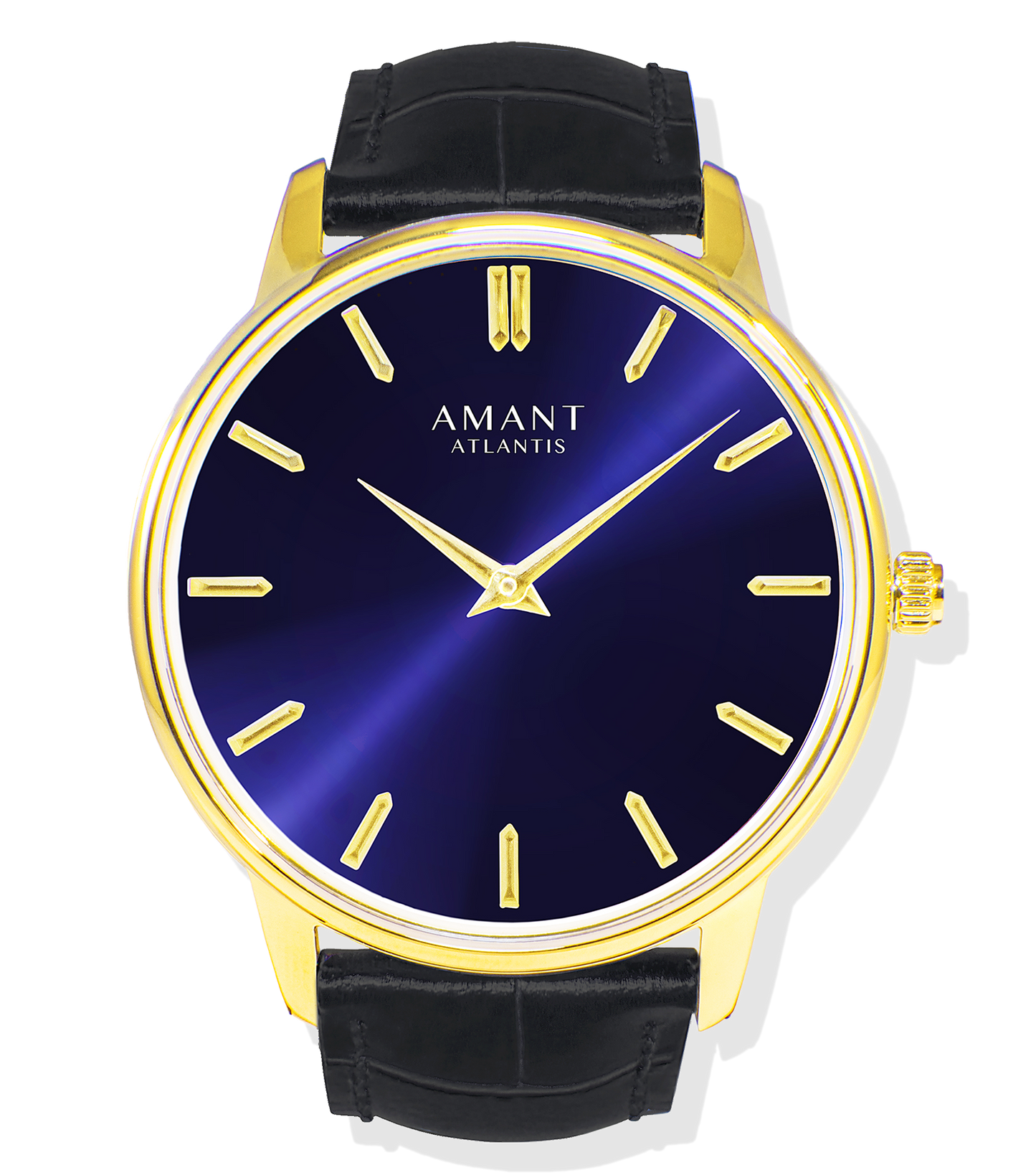 Watch with blue face, gold accents, and black leather strap on a white background