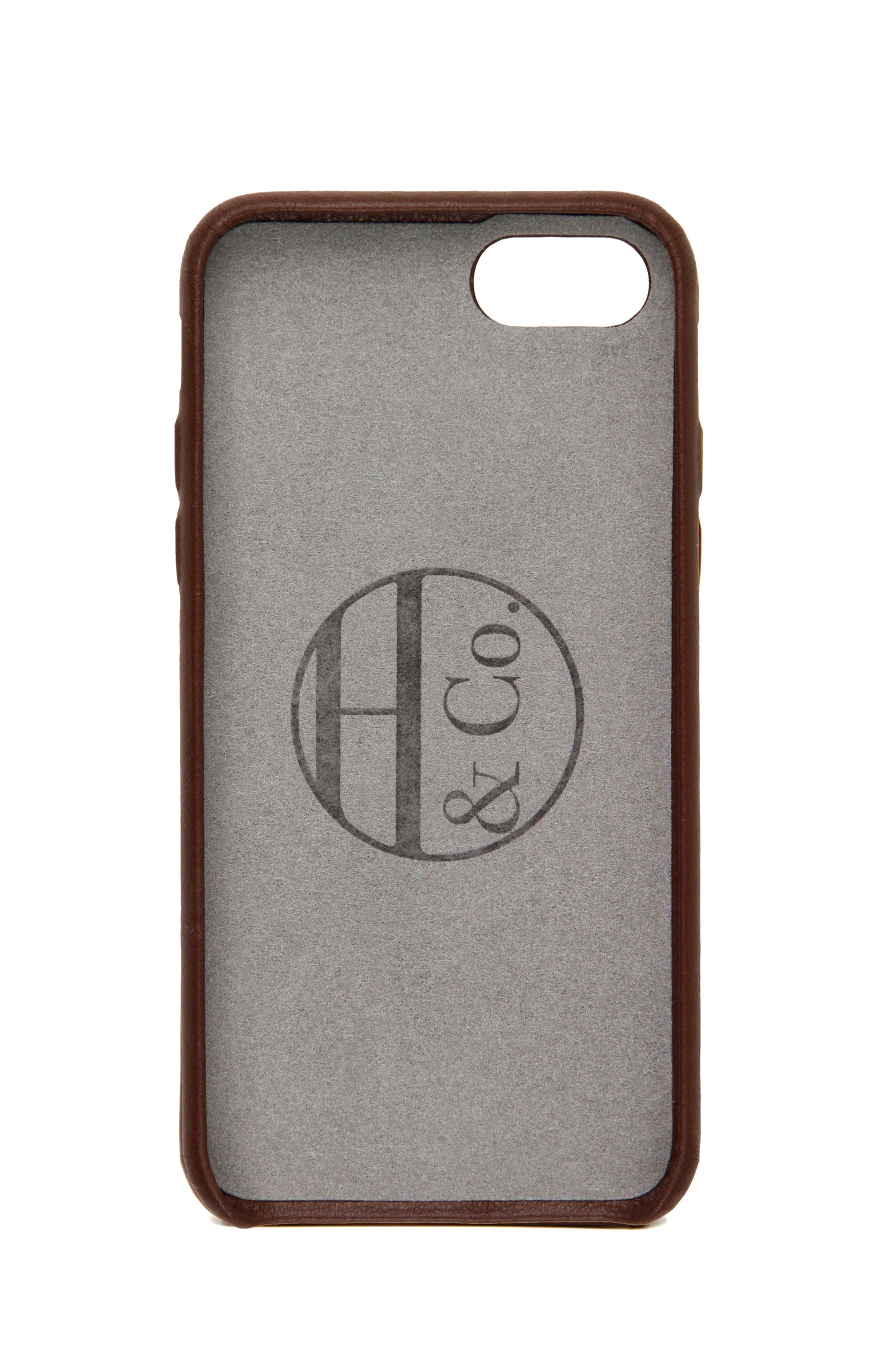 Phone case with 'H & Co' monogram on a gray background