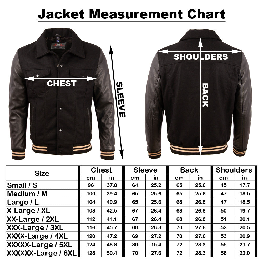 Measurement chart for a black jacket with labeled parts and size chart.