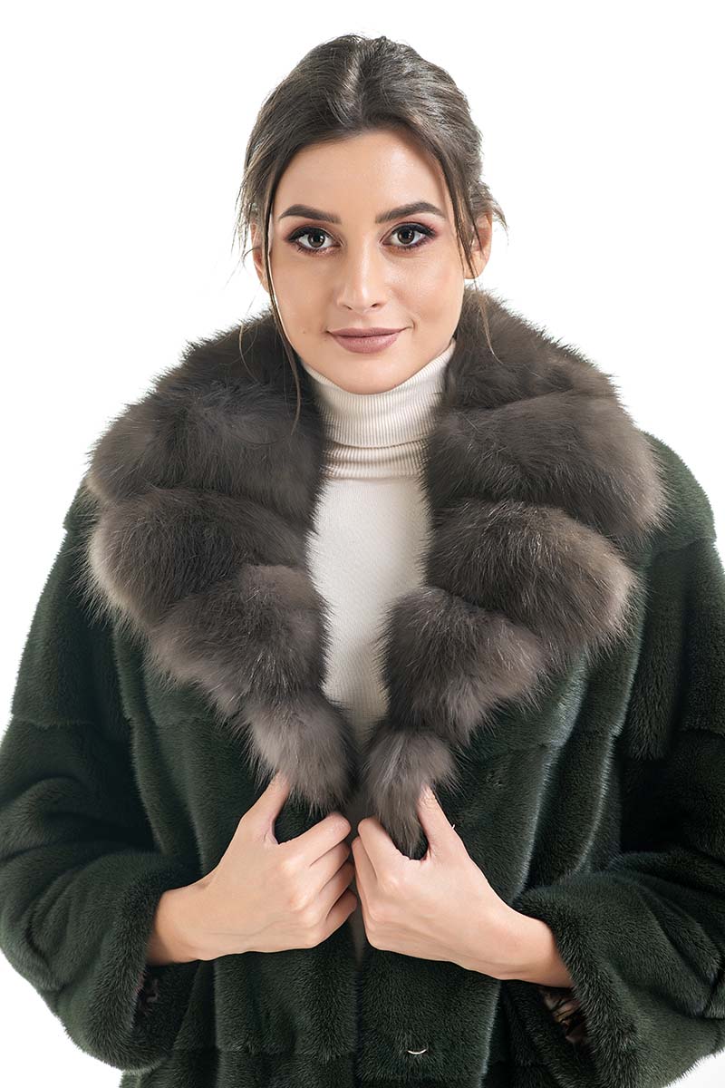 Olive Mink Fur Coat with Marten Collar - Luxury