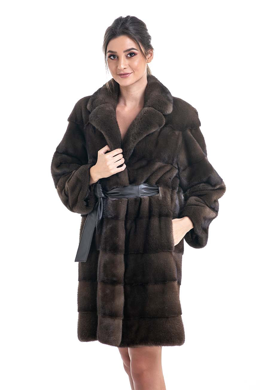 Brown Genuine Mink Fur Coat - Belted Waist