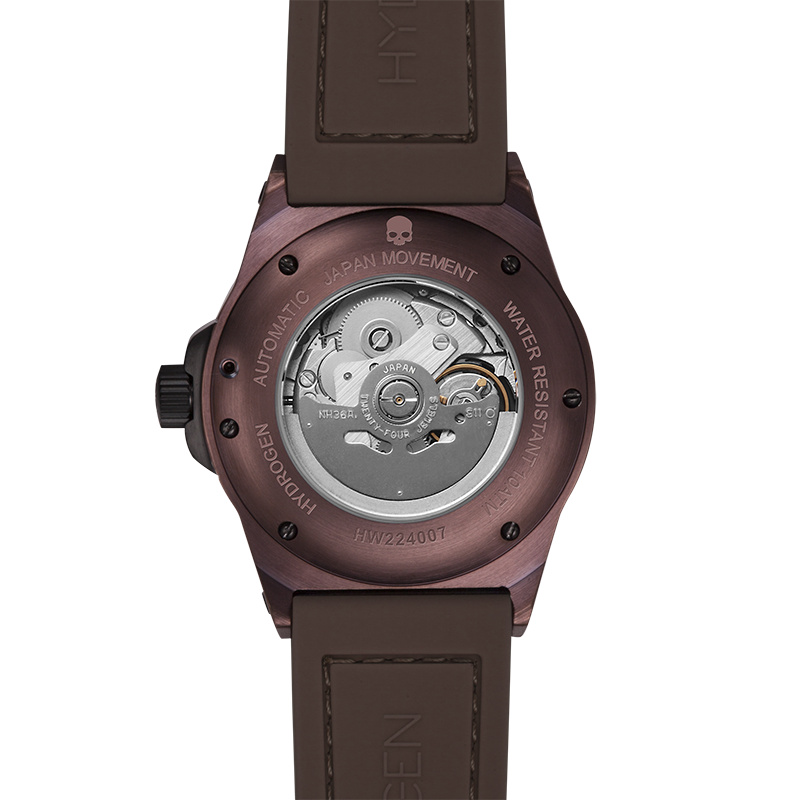 Brown watch with visible mechanical components on a white background