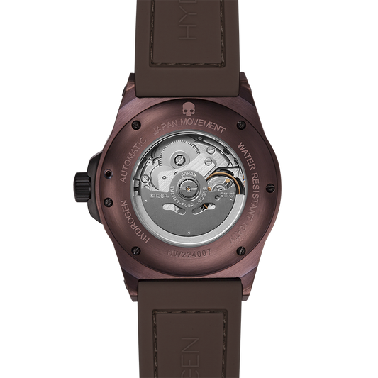 Brown watch with visible mechanical components on a white background