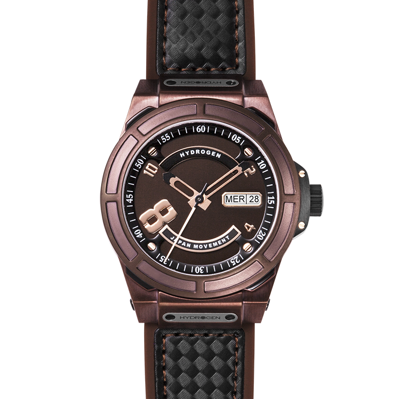 Watch with brown case and black strap on a white background