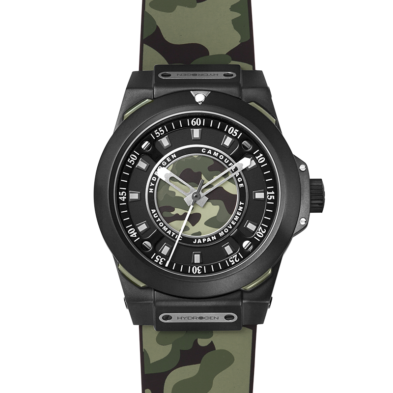 Watch with camouflage strap and face on a white background
