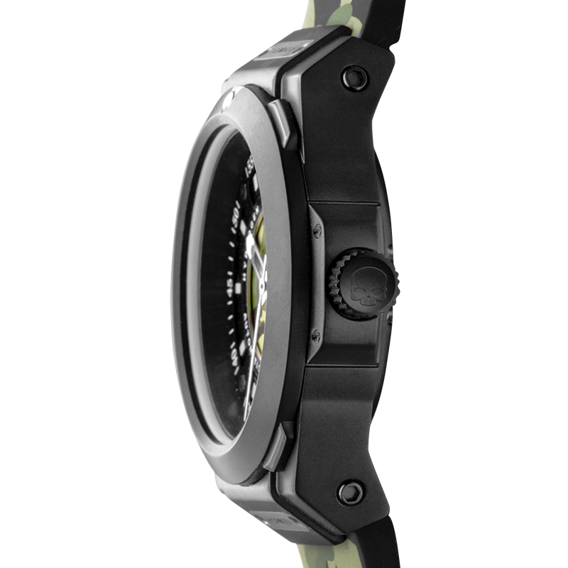 Close-up of a watch with a black strap and silver case on a white background