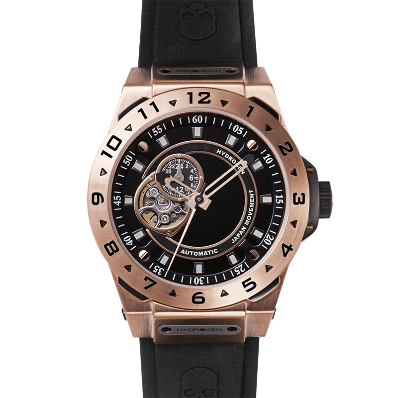 Rose gold watch with black strap and detailed face on a white background