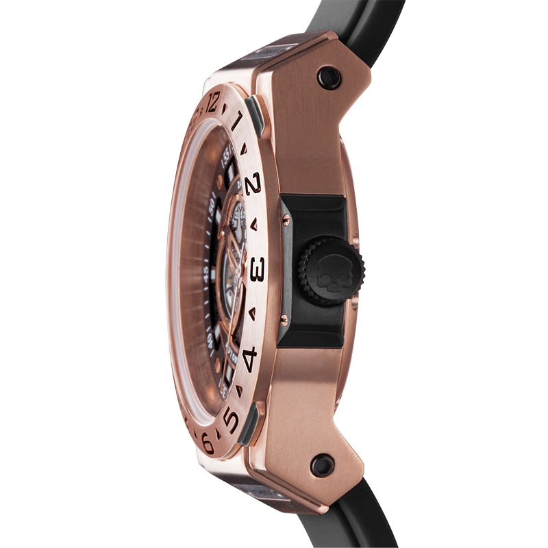 Rose gold watch with black strap on a white background