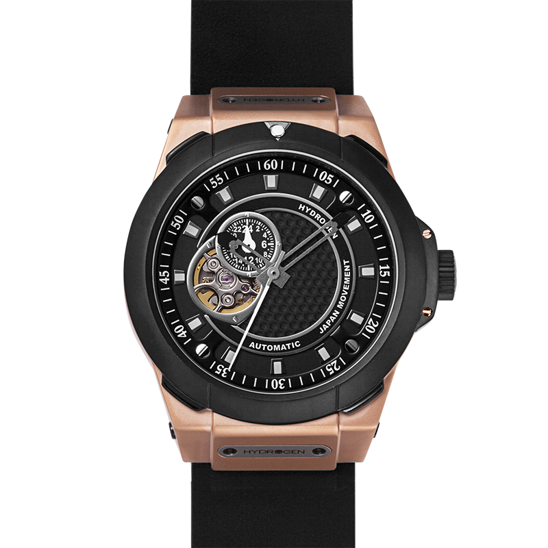 Luxury watch with black face and rose gold case on a white background