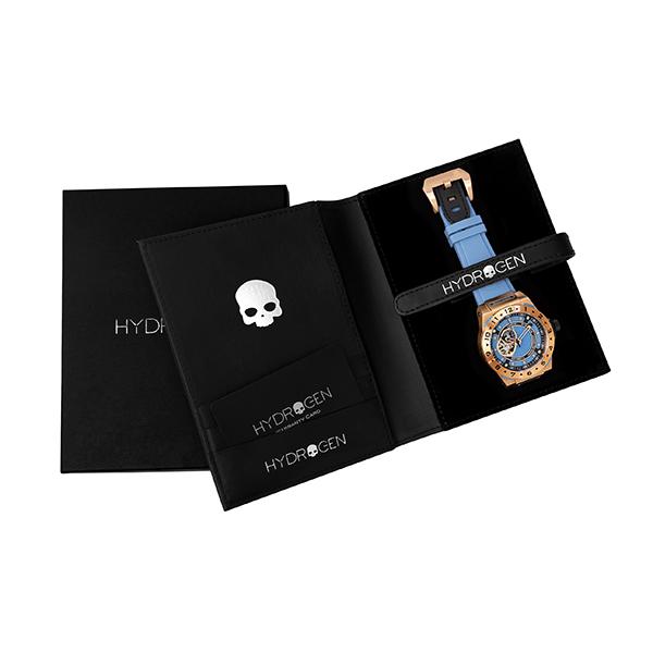 Hydrogen watch in a black box with a skull logo on a white background
