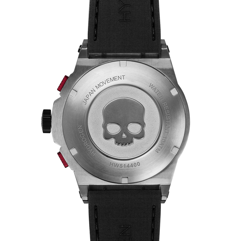 Watch case with skull design and brand logo on a white background
