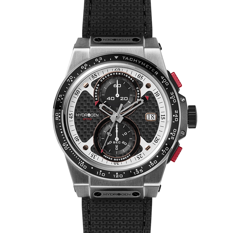 Hydrogen watch with black strap and silver case on a white background