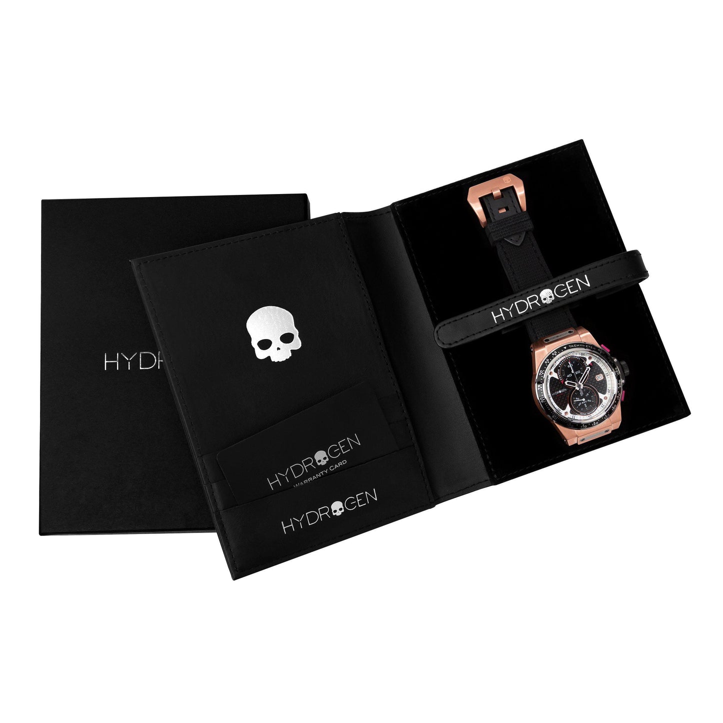 Watch in a black Hydrogen packaging box on a white background