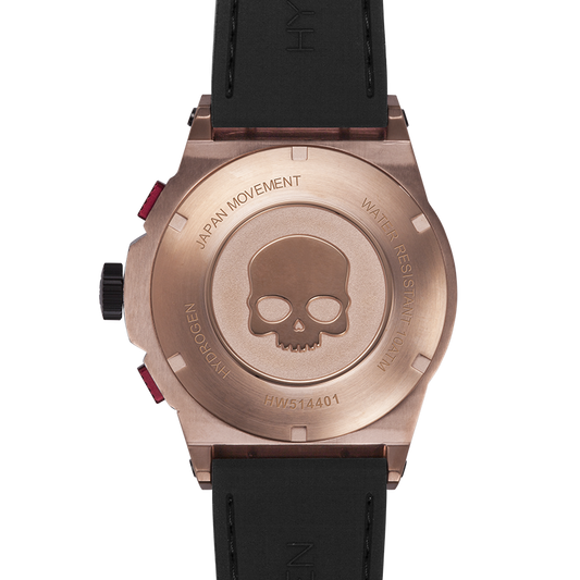 Watch back with skull design and 'Japan Movement' text on a white background