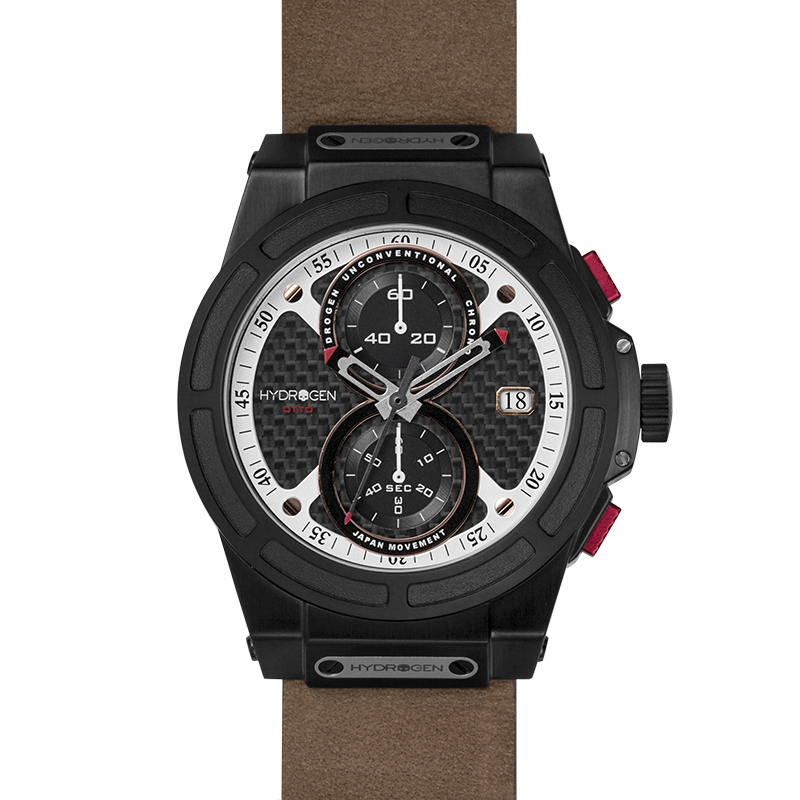 Hydrogen watch with a brown strap on a white background