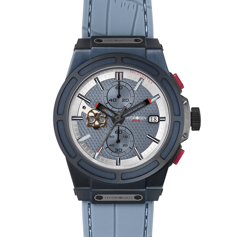 Blue wristwatch with a detailed face on a white background