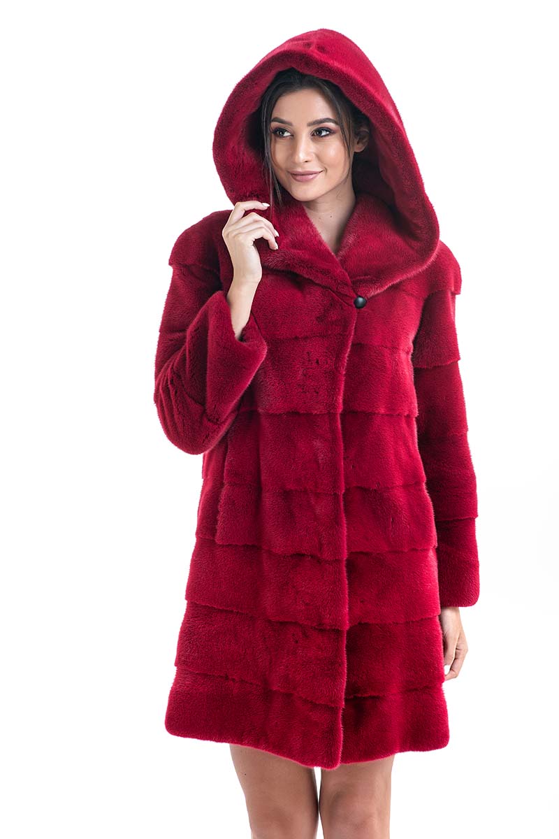 Red Mink Fur Hooded Coat - Midi Length Luxury