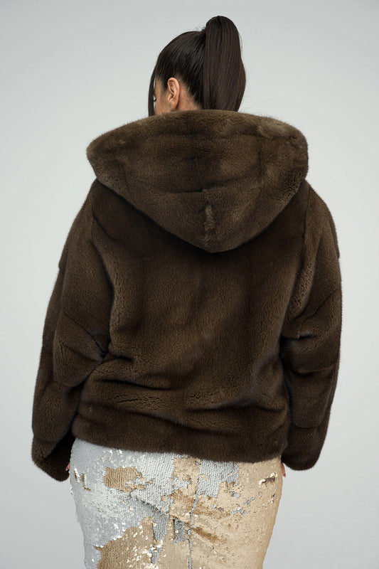 Brown Hooded Mink Fur Coat - Luxury Full Length