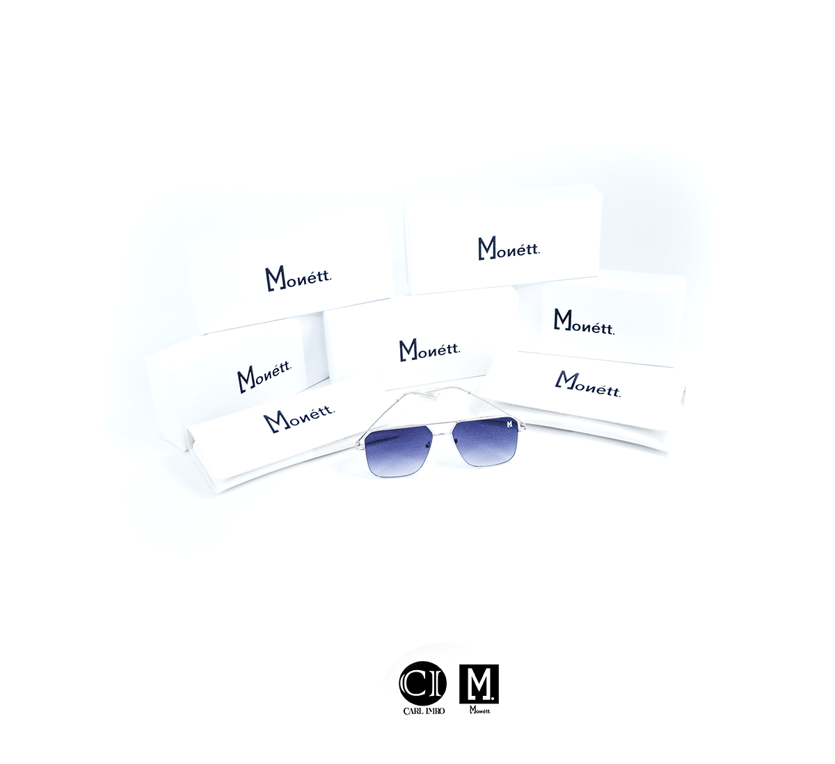 Blue gradient sunglasses with 'Monett' branding on a white background