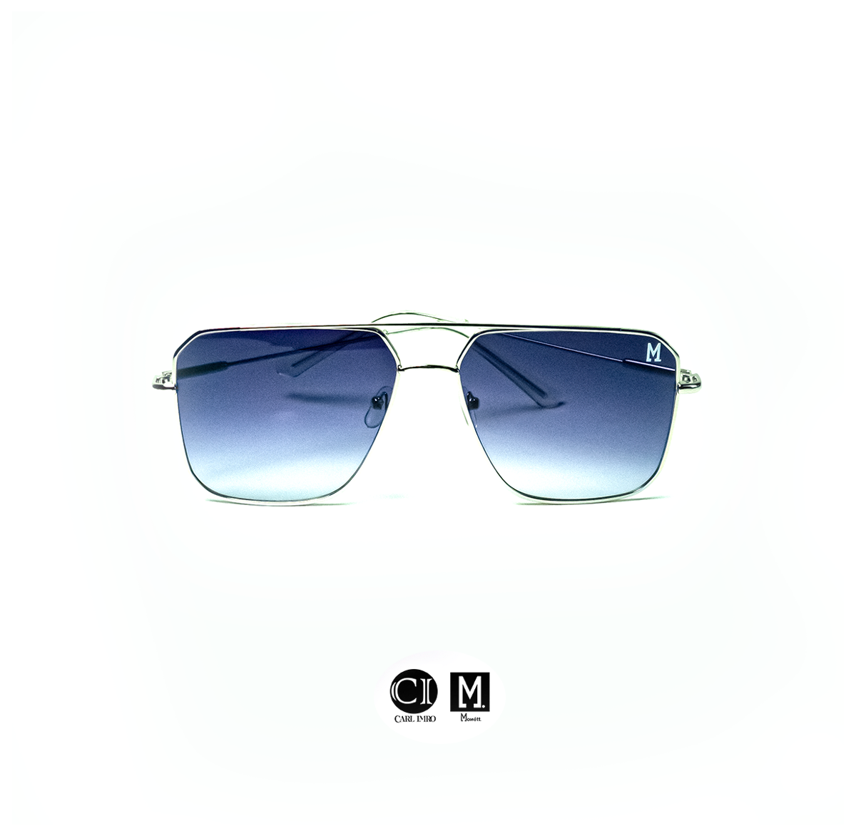 Sunglasses with blue gradient lenses on a white background