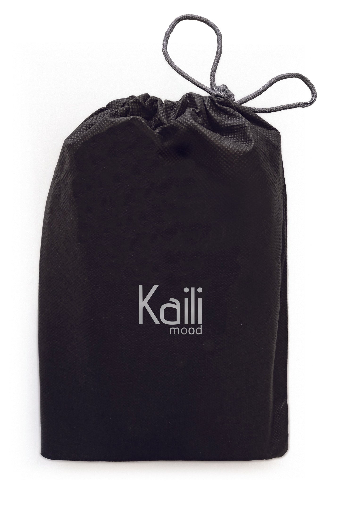 Black drawstring bag with 'Kaili mood' branding on a white background