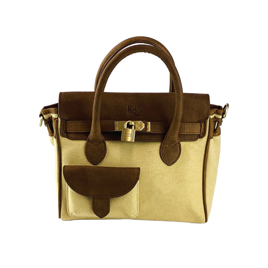 Beige handbag with brown accents and a visible brand logo on a white background