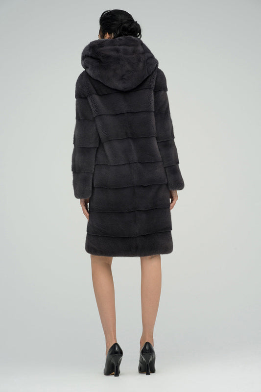 Anthracite Hooded Mink Fur Maxi Coat - Luxury