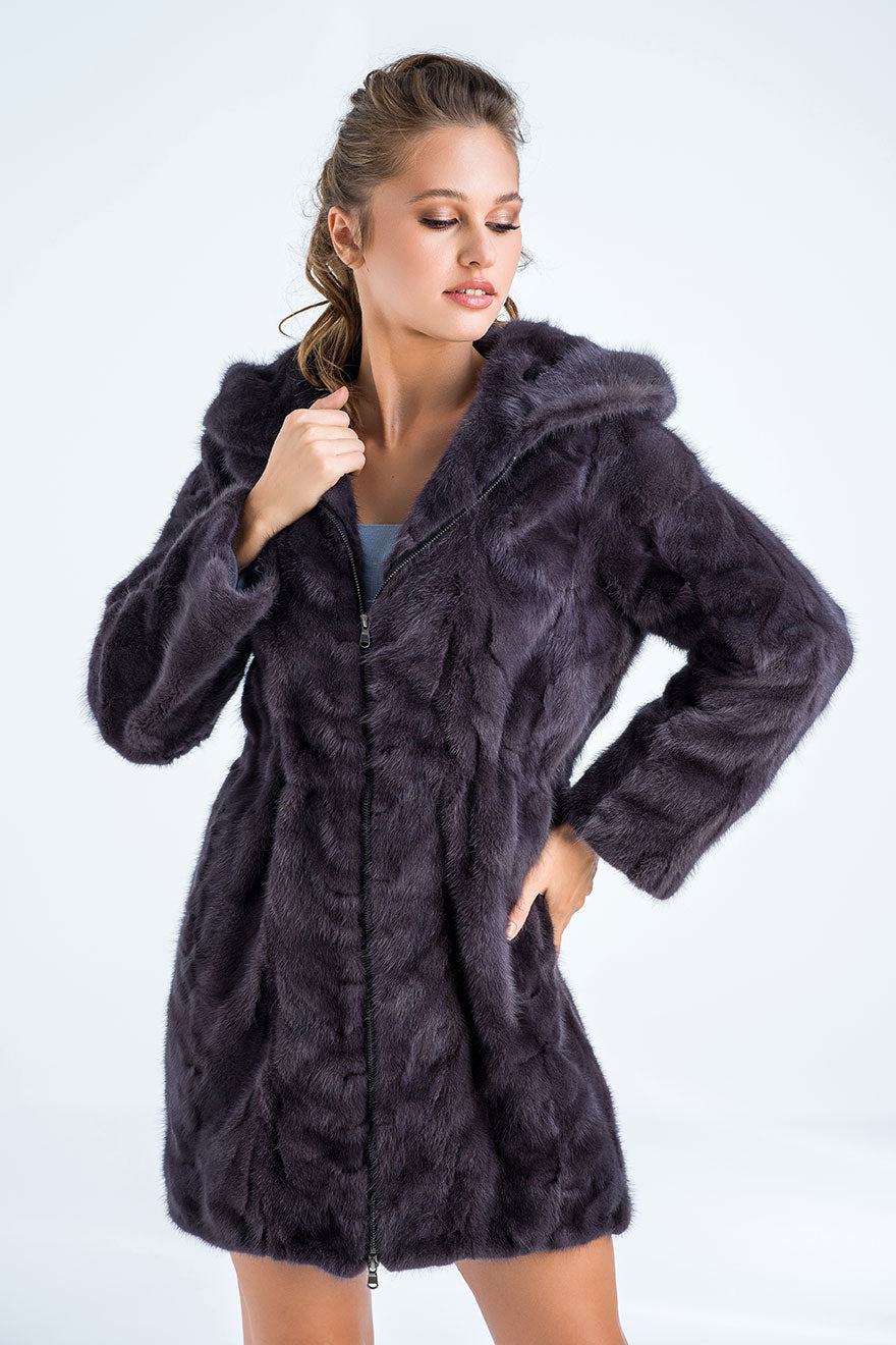 Gray Hooded Mink Fur Coat - Natural Luxury