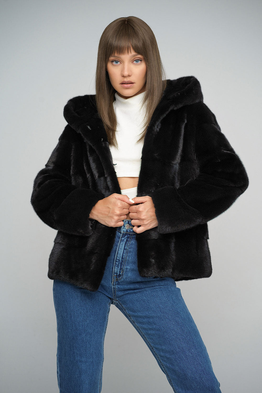 Black Mink Fur Hooded Jacket - Luxury Genuine Fur