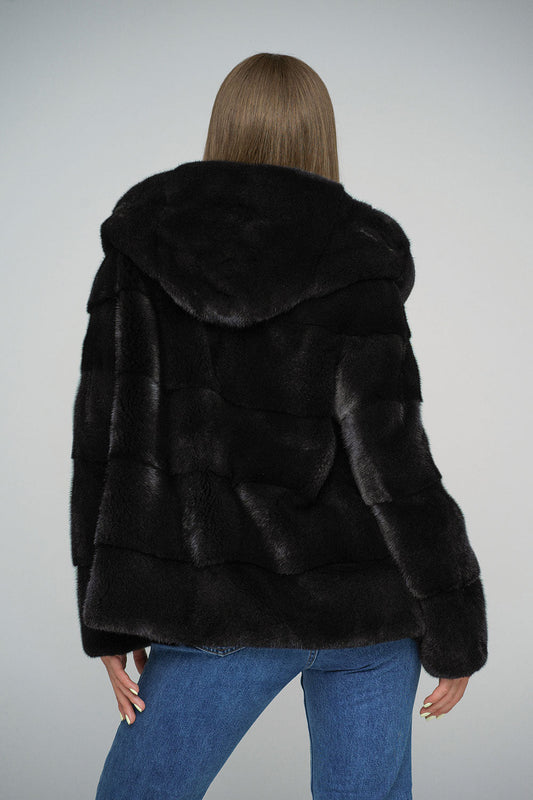 Black Mink Fur Hooded Jacket - Luxury Genuine Fur