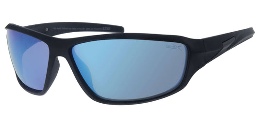 Black sunglasses with blue-tinted lenses on a white background