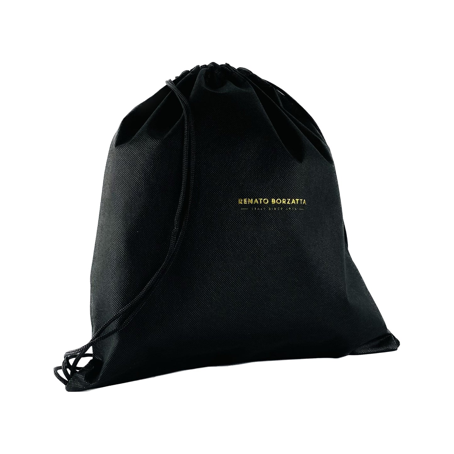 Black drawstring bag with 'Renato Borzatta' branding on a white background