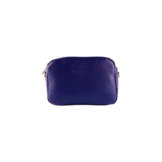 Blue leather crossbody bag on a white background