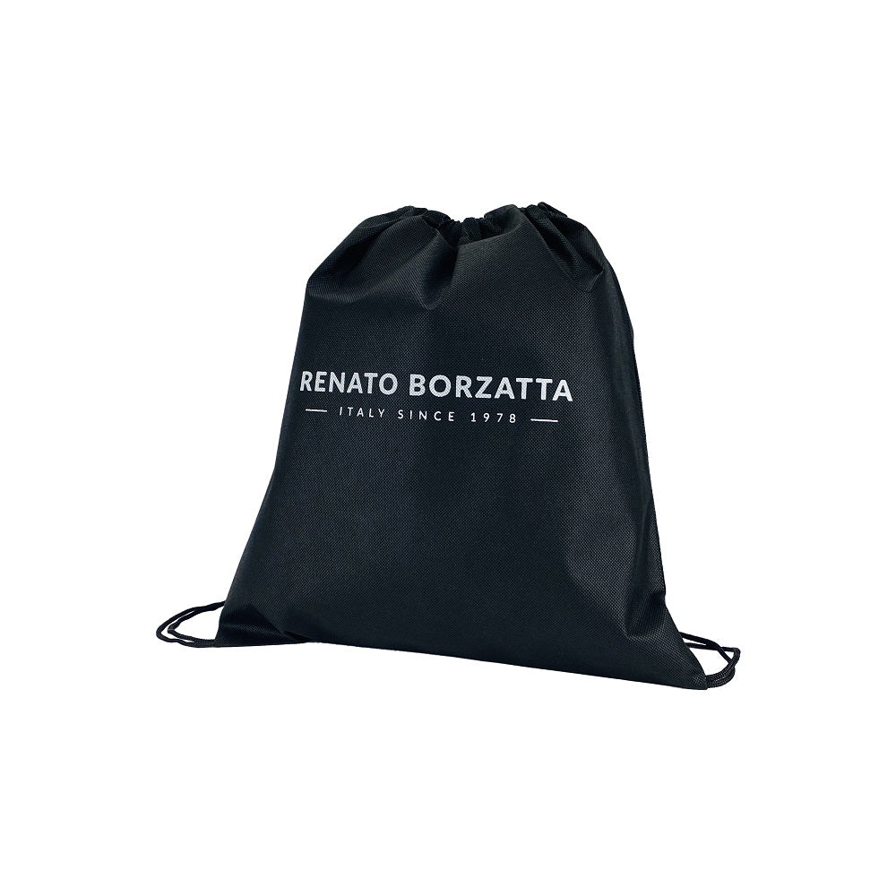 Black drawstring bag with 'Renato Borzatta' branding on a white background