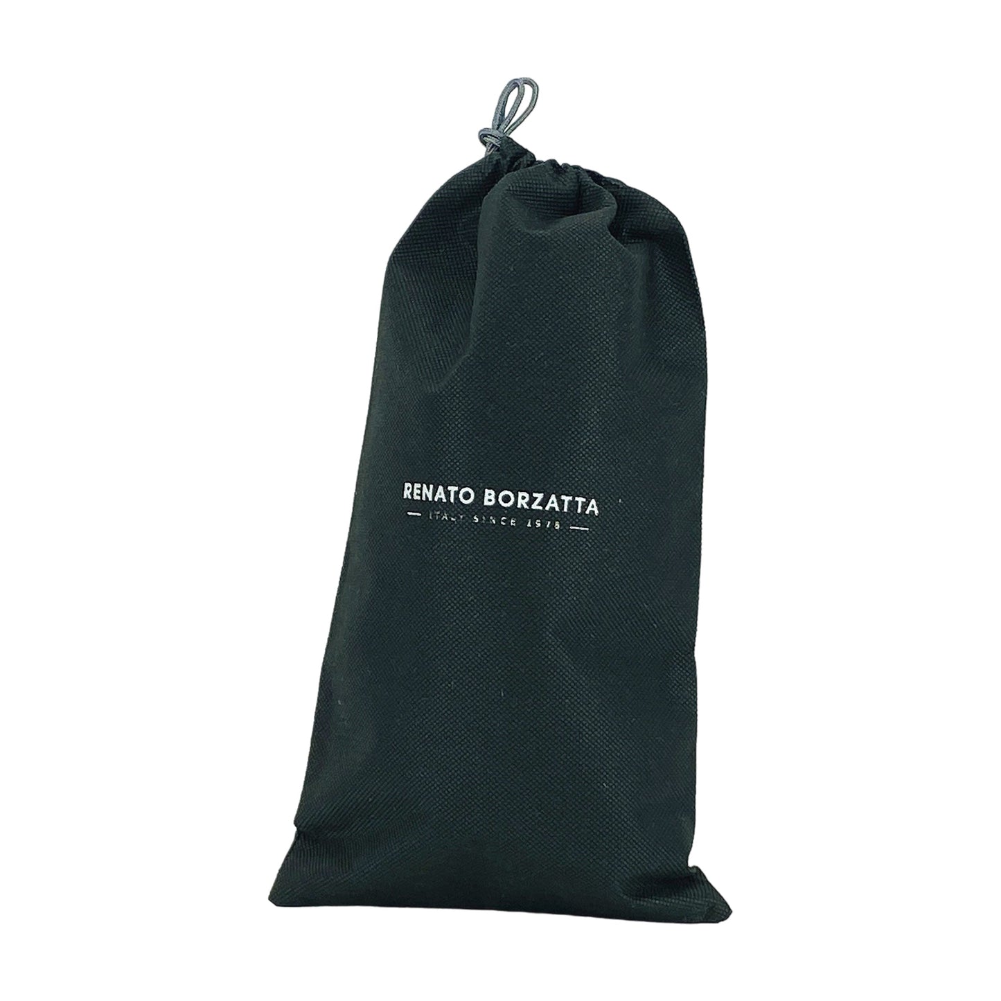 Black drawstring bag with 'Renato Borzatta' branding on a white background