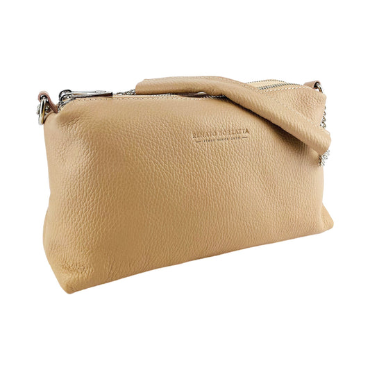 Beige leather handbag with a visible brand name on a white background