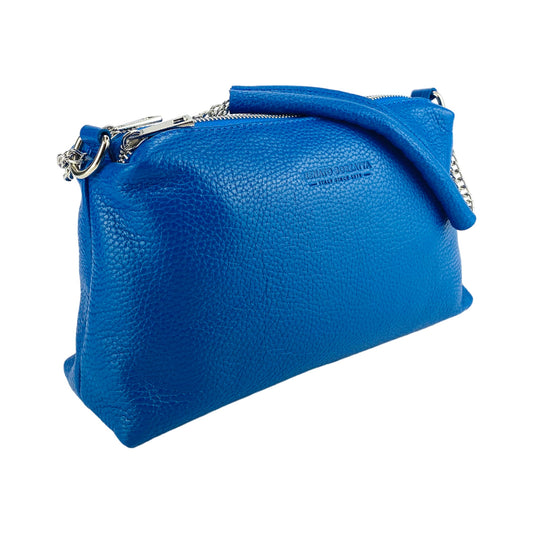 Blue leather handbag with chain detail on a white background
