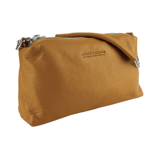 Brown leather clutch bag with a visible brand logo on a white background