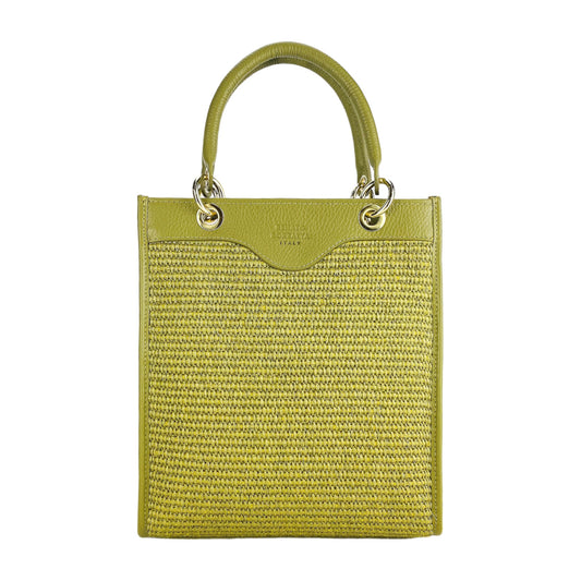 Green woven handbag with gold handles on a white background