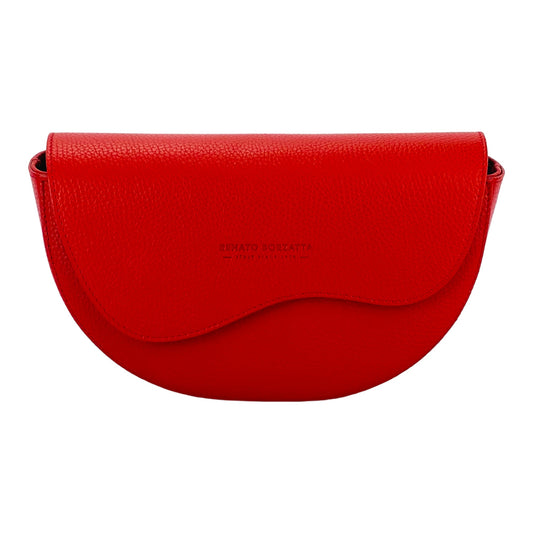 Red handbag with a visible brand name on a white background