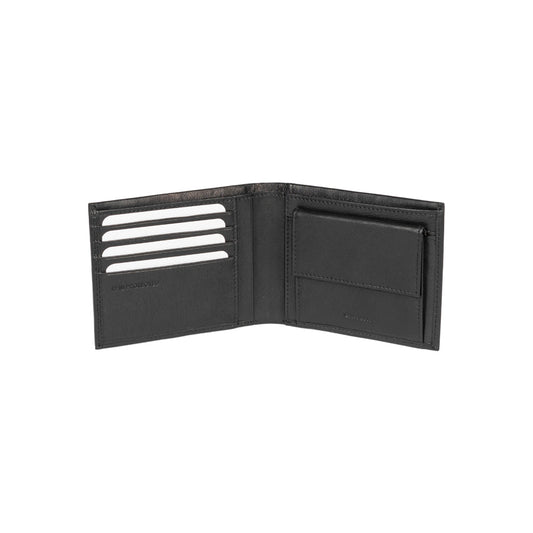 Black leather wallet open on a white background