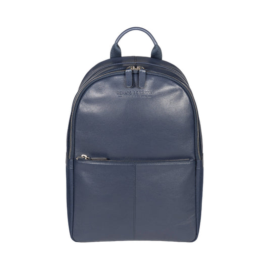 Blue leather backpack on a white background