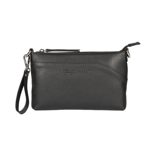 Black leather clutch bag with a strap on a white background