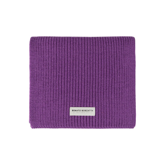 Purple knitted scarf with a brand label on a white background