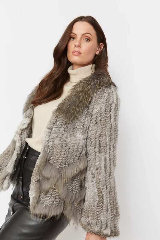 Grey Coney Fur Jacket with Fox Collar - Scalloped