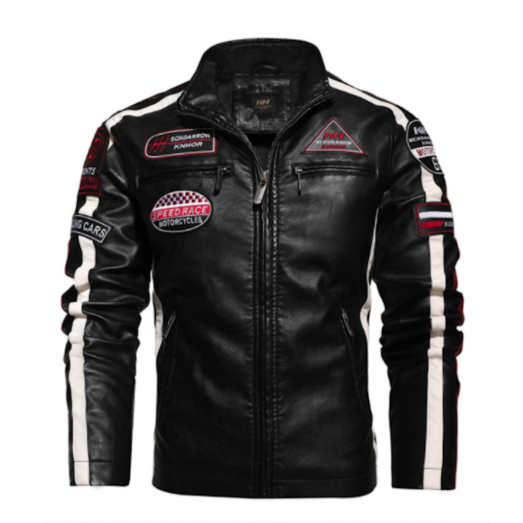 Black leather jacket with white stripes and various patches on a white background