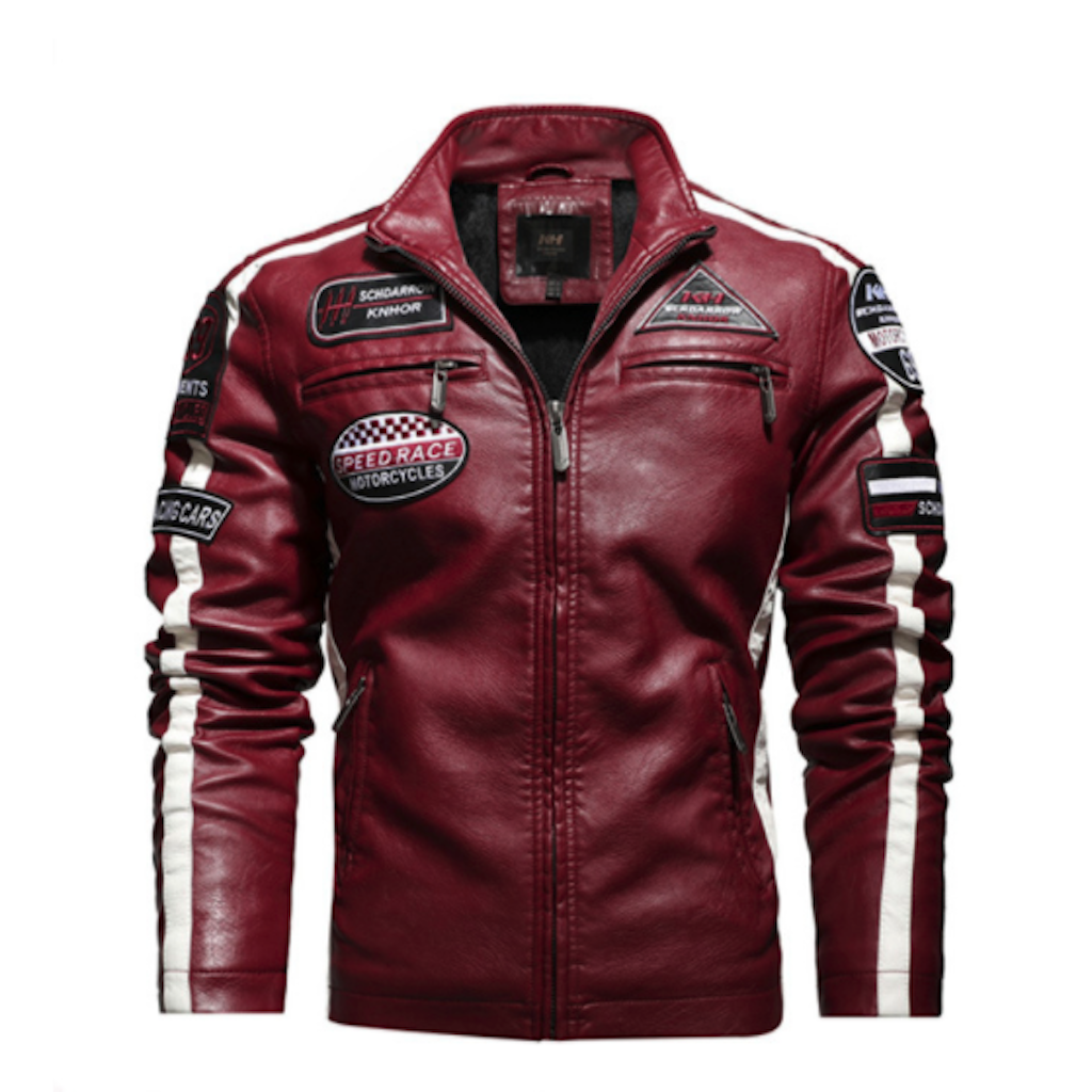Red leather jacket with patches on a white background