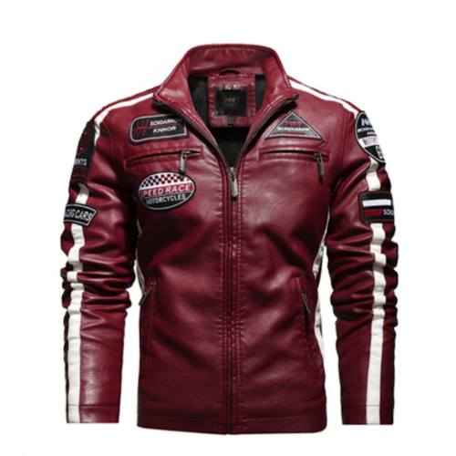 Red leather jacket with patches on a white background